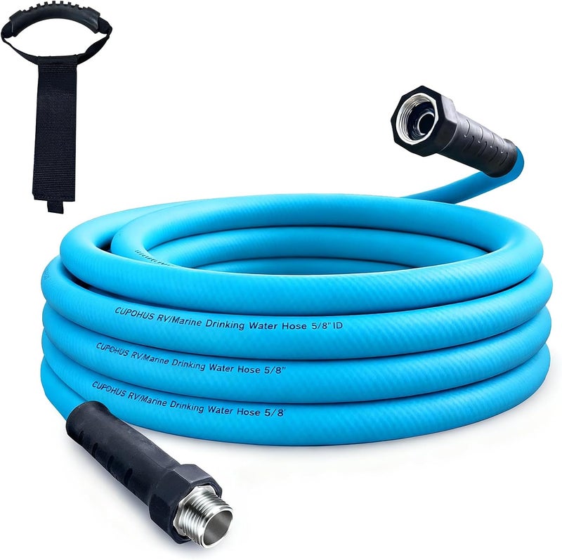Cupohus RV Water Hose 25FT with Strain Relief Ends, Kink-Resistant Drinking Water Hose, 5/8''ID Potable Food Grade Hose with Storage Strap for RV, Marine, Camper, Truck, Car, Garden - Image 1